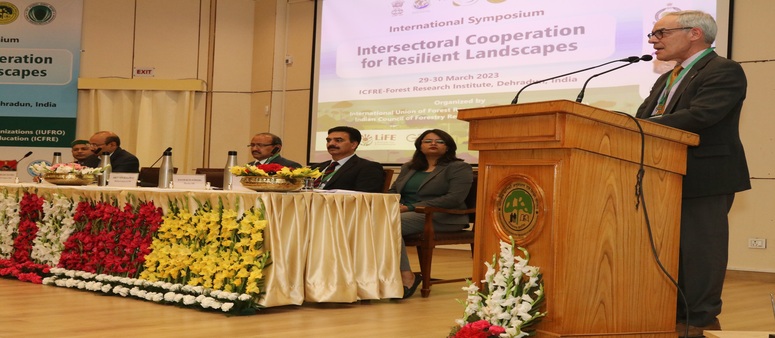IUFRO President Dr. John Parrotta  addressing in the inaugural session of the International Symposium on “Intersectoral Cooperation for Resilient Landscapes” from 29-30 March 2023 at ICFRE, Dehradun